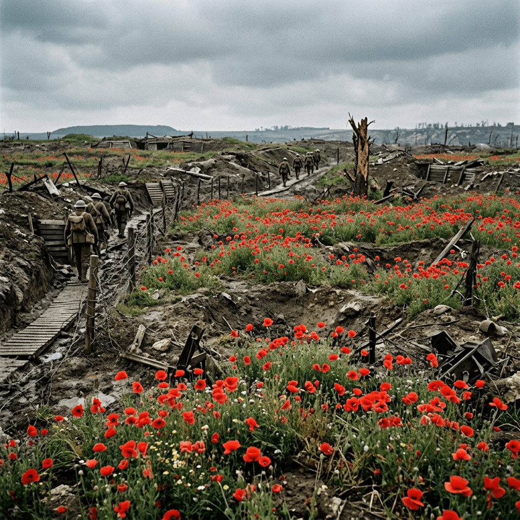 World War I soldiers walking in muddy trenches with red poppies growing around.